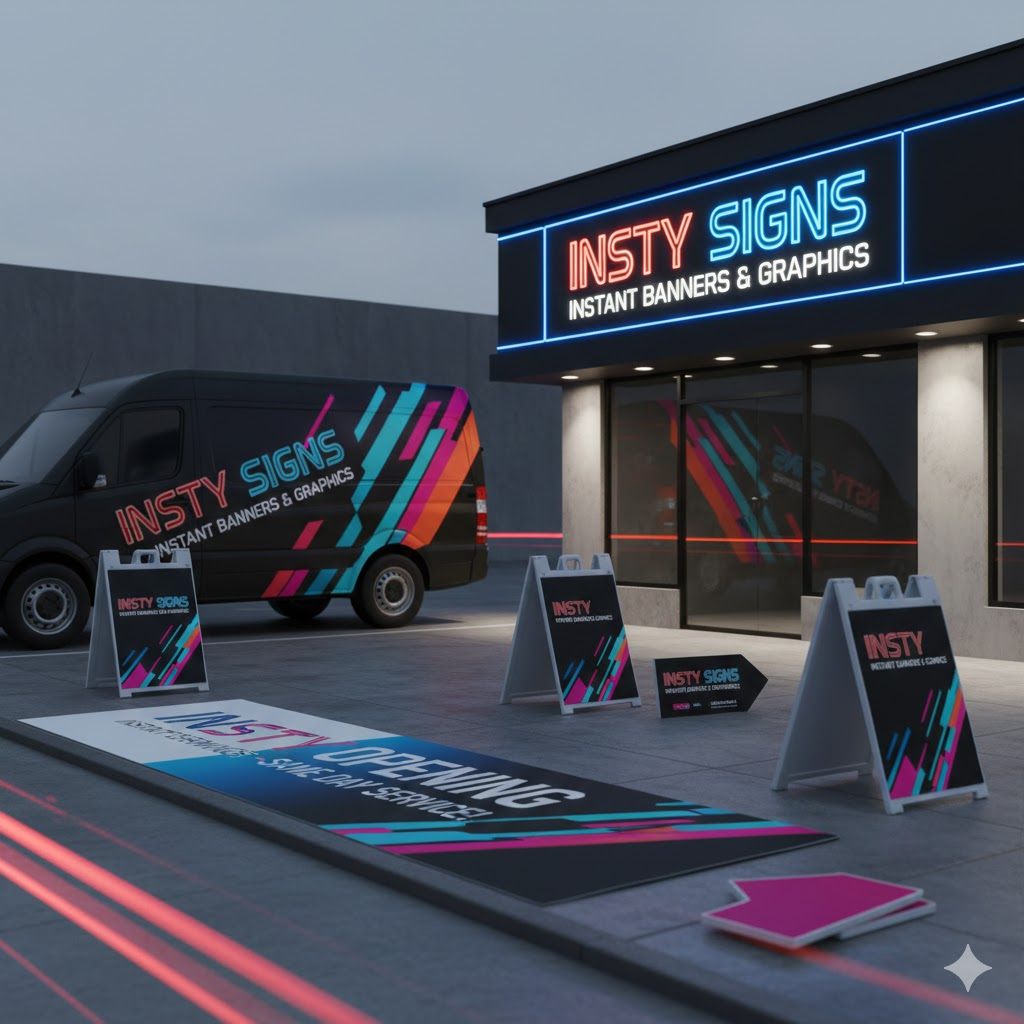 Digital rendering of modern Insty Signs branding on vehicle and storefront.