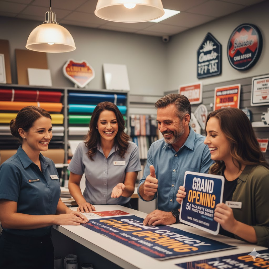 Smiling staff and customers in a professional sign shop.